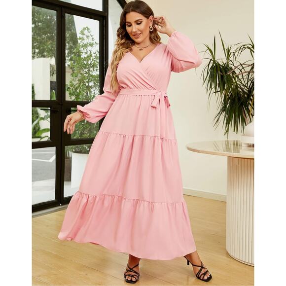 SIZE 3X 22 24 PINK Plus Size V Neck Wrap Maxi Dress Ruffle Hem Long Sleeve - Picture 1 of 6